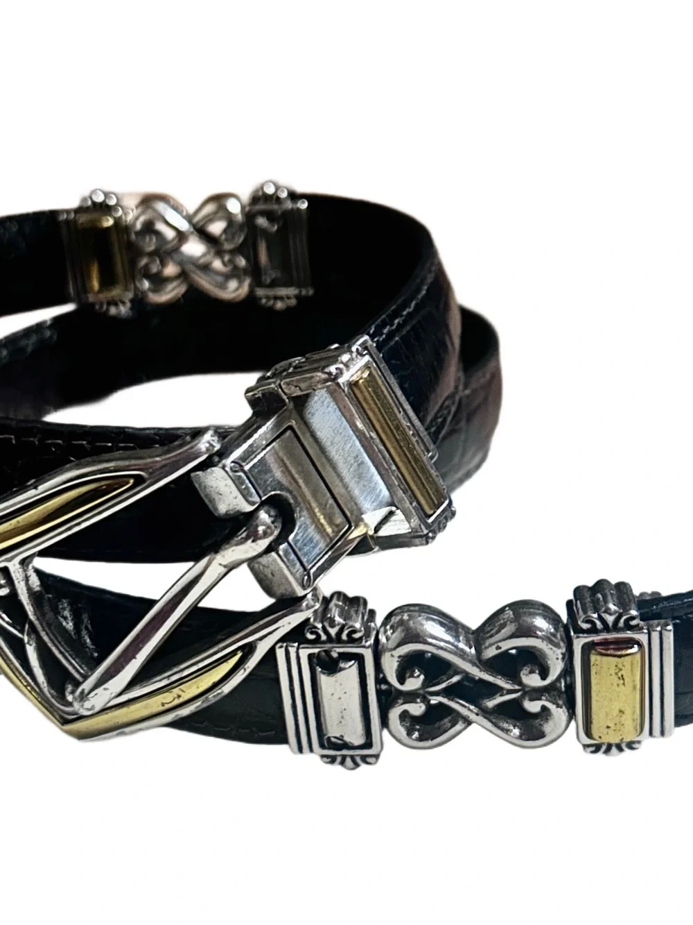 Brighton ~ Medium Reversible Black/Brown Leather W/Silver & Gold Medallion Belt